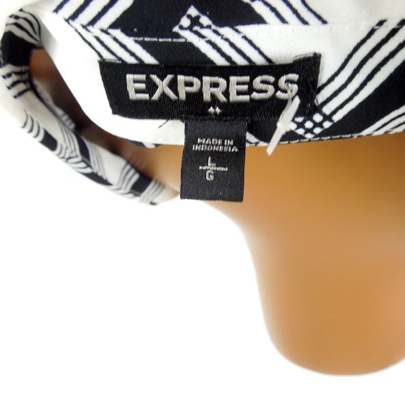 EXPRESS Top L Button Down Blouse White/Black Shirt Checks Roll Tab Long Sleeves - Picture 11 of 12